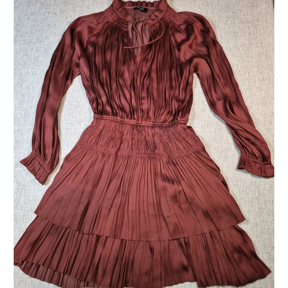 Reset by Jane Rust Pleated Mini Dress Smocked Waist Ruffle Boho Tiered Size M